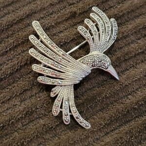 Vintage Sterling Silver 925 MJ Marcasite Bird in Flight Brooch Bird Pin